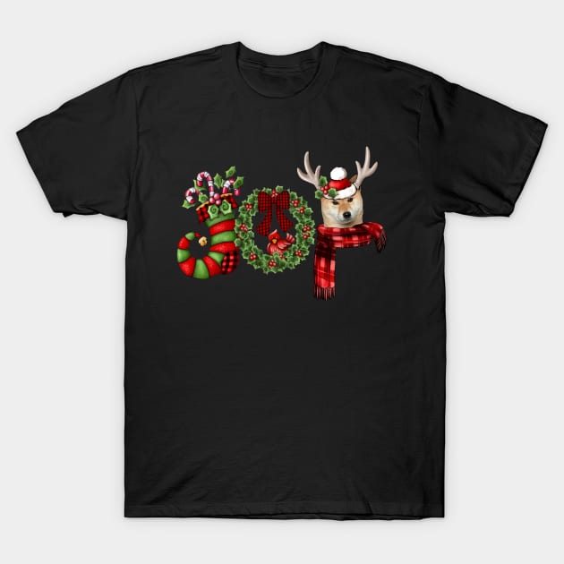 Christmas Joy Dwarf Stocking Reindeer Shiba Inu T-Shirt by Marcelo Nimtz